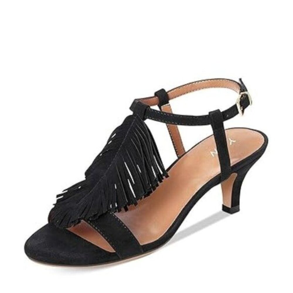 YDN Women Kitten Heel Fringes Slingback Sandals Open Toe Ankle Strap Dress Shoes
